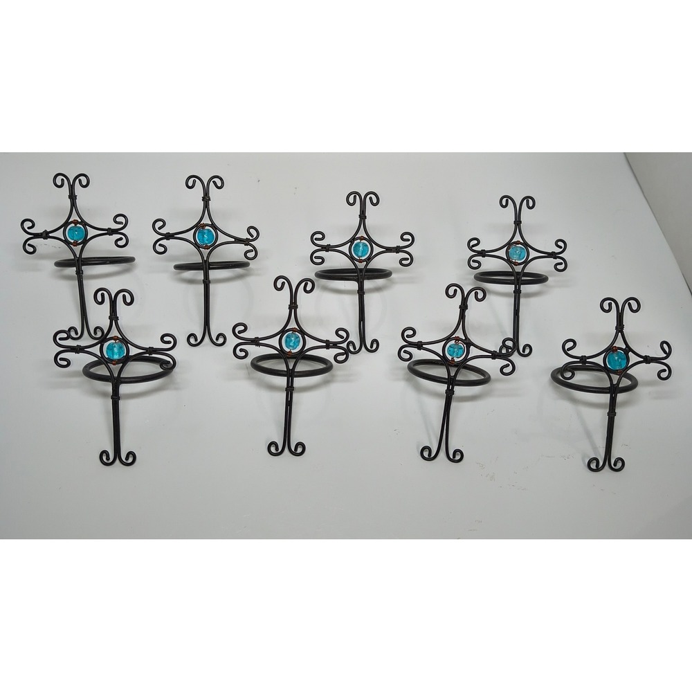 Set of 8 Metal Cross Napkin Rings Turquoise Glass Bead Black Scrollwork
